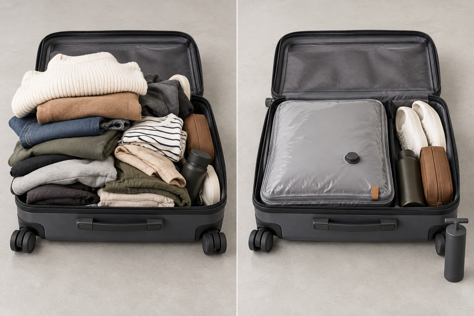 Before and after suitcase packing comparison
